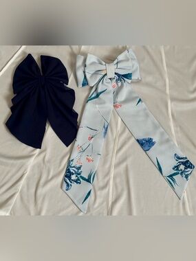 Floral Light Blue Ribbon Bow and Navy Bow Hair Clips